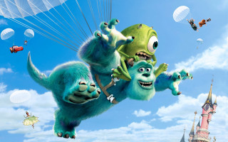 Cartoon monsters flying castle sky - pixar and disney animation free wallpaper