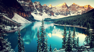 Lake snowy mountains forests reflection - covered free wallpaper