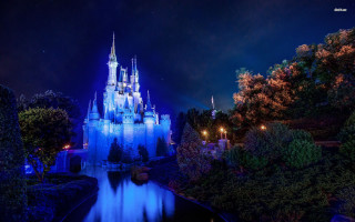 Castle night pond trees stars 2 - disney free wallpaper