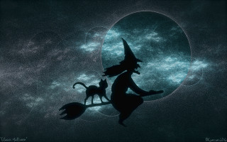 Witch cat broom silhouette stars - a full moon free wallpaper