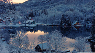 Lake snow trees mountain village - evgeny lushpin free wallpaper