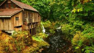 Wooden building waterfall trees stream - the center free wallpaper