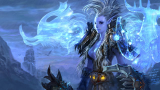 Woman blue hair dragon head - huge free wallpaper