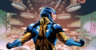 Man blue yellow suit machine - comic cover art free wallpaper
