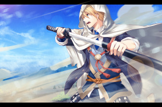 Man hooded outfit holding sword - outfit holding free wallpaper