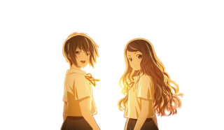 Anime girls long hair white - a white background behind them free wallpaper