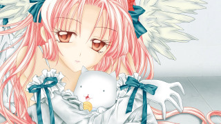 Girl pink hair white bunny - pink hair holding free wallpaper