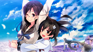 Anime girls hugging blue sky - the back free wallpaper for desktop