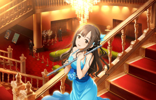 Woman blue dress staircase sword - official art free wallpaper for desktop