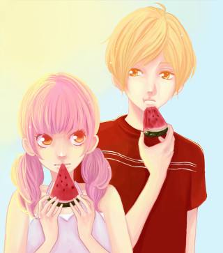 Couple watermelon slices eating hands - a couple of people free wallpaper for tablet