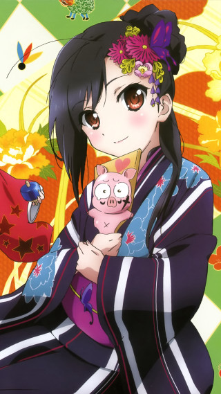 Woman kimono holding pig bird - free flowers wallpaper