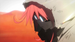 Pink hair blue eyes sunset - a red sky in the background free wallpaper