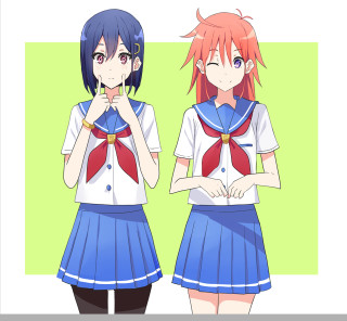 Anime girls blue skirts red - shirt free wallpaper for tablet