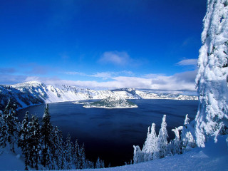 Lake snowy trees mountains blue 2 - a view of a lake free wallpaper