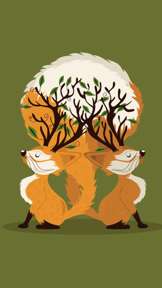 Foxes standing green background trees - free forest wallpaper for mobile