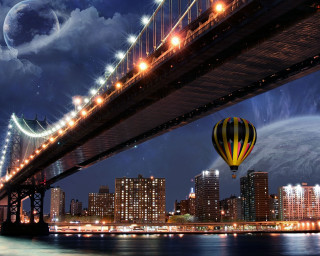 Hot air balloon night city 5 - over a city free wallpaper for desktop