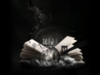 Flying book city lightbulb background - abstract illusionism free wallpaper