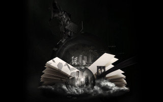 Flying book black background building - abstract illusionism free wallpaper