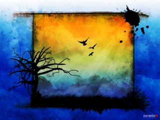 Tree birds sunset background blue - metaphysical free wallpaper for desktop