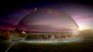 Large mirror city night sky - a full moon in the sky above free wallpaper