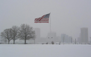 Snowy city park flag wind - the background and a snow free wallpaper