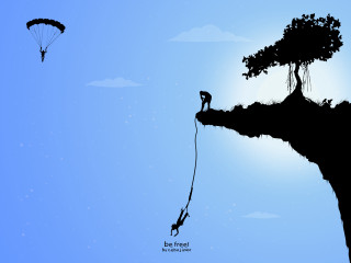 Cliff hanging tree rope person - extreme illustration free wallpaper