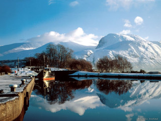 Boat docked harbor mountains snow - archibald skirving free wallpaper for desktop