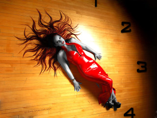Woman red dress wooden floor - transgressive free wallpaper