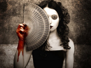 Woman fan blood dripping face - dark art free wallpaper for desktop