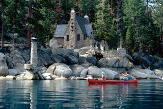 Man woman canoe lake house 2 - kinkade free wallpaper for desktop