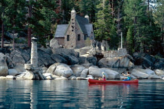 Man woman canoe lake stone - kinkade free wallpaper