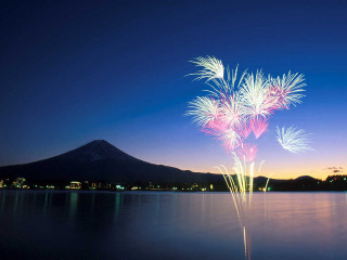 Fireworks lake mountain night sky - aya goda free wallpaper