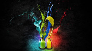 Paint bottles splashing multicolored black - vivid color free wallpaper
