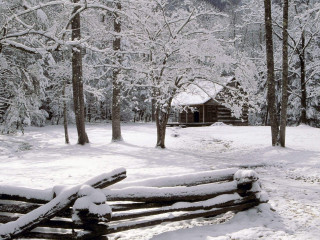 Log fence snow cabin trees - ernest william christmas free wallpaper