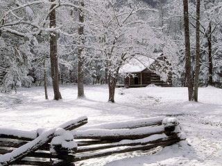Log fence snow cabin trees 3 - ernest william christmas free wallpaper