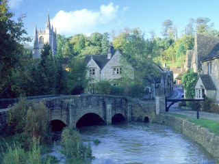 River village bridge church clock 3 - a church in the background free wallpaper