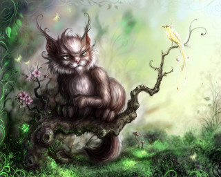 Cat sitting tree branch bird - storybook illustration free wallpaper