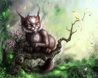 Cat sitting tree branch bird 2 - storybook illustration free wallpaper