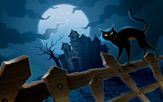 Black cat fence full moon 4 - dark background free wallpaper