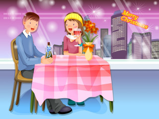 Man woman table wine bottle 2 - flower in front free wallpaper