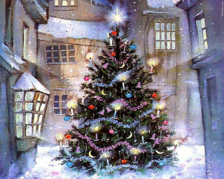Christmas tree snowy village lit - thomas kindkade free wallpaper