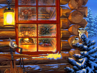 Cabin window guitar snowy landscape 2 - a painting of a cabin free wallpaper