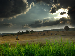 Hay field cloudy sky sun 2 - hay bale free wallpaper