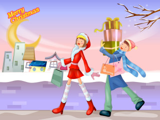 Christmas snow children present tree - a man and woman free wallpaper for desktop