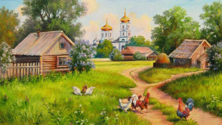 Country road chickens church painting - abram arkhipov free wallpaper