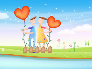 Couple heart balloons field flowers 2 - free valentines wallpaper for desktop