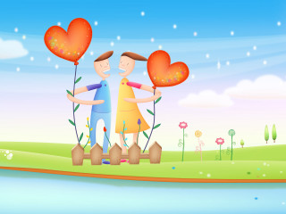 Couple heart balloons flower field - a field of flowers and grass free wallpaper