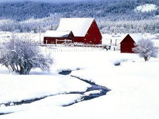 Red barn snow stream mountain 4 - a stream free wallpaper