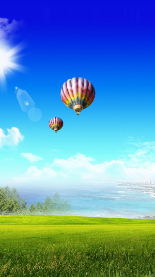 Two hot air balloons over 2 - the ocean free wallpaper for mobile