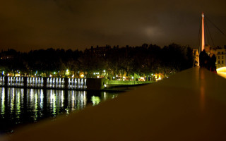 Night river building light tower - barbizon school free wallpaper